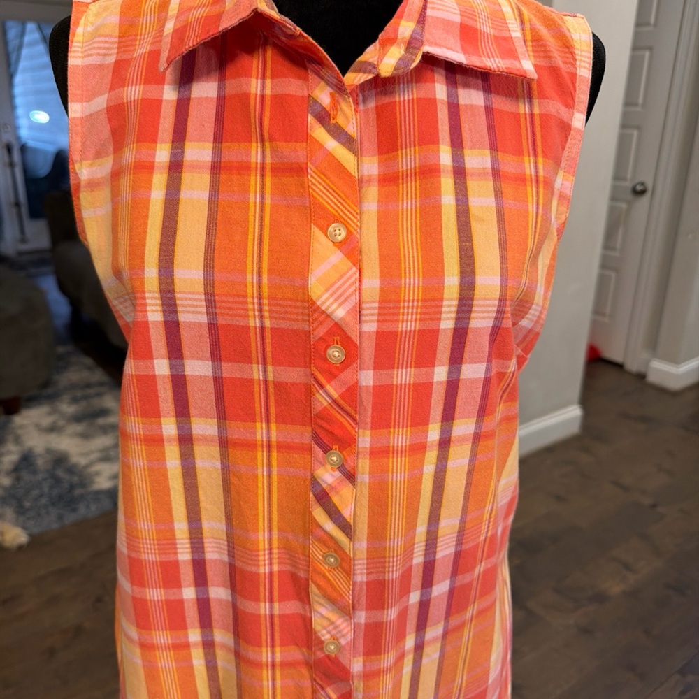 Talbots Orange and Red Plaid Sleeveless Shirt